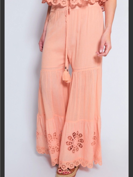 Pants - Wide Leg Peach Crochet Trim Pants